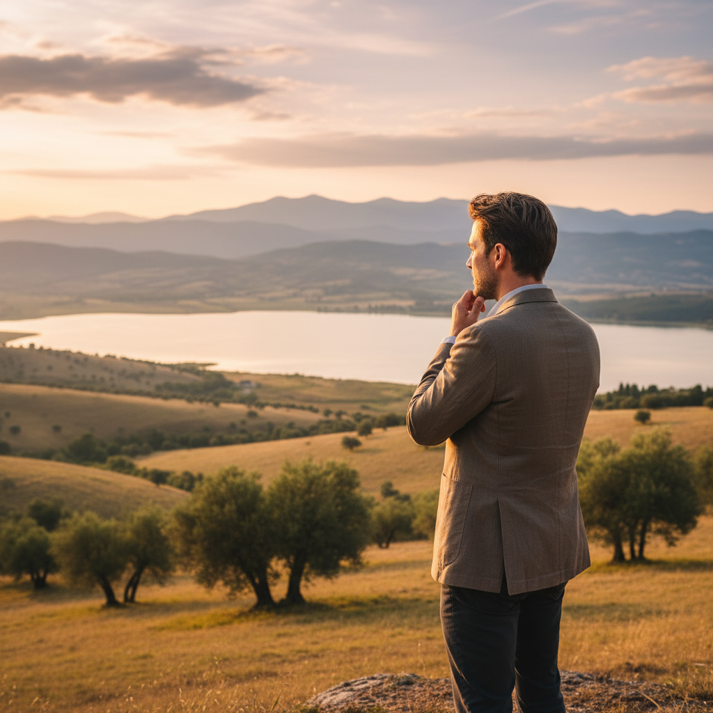 Homme en posture de réflexion face à un paysage naturel ouvert et calme, lumière dorée de fin d'après-midi, horizon dégagé évoquant la clarté mentale et la perspective