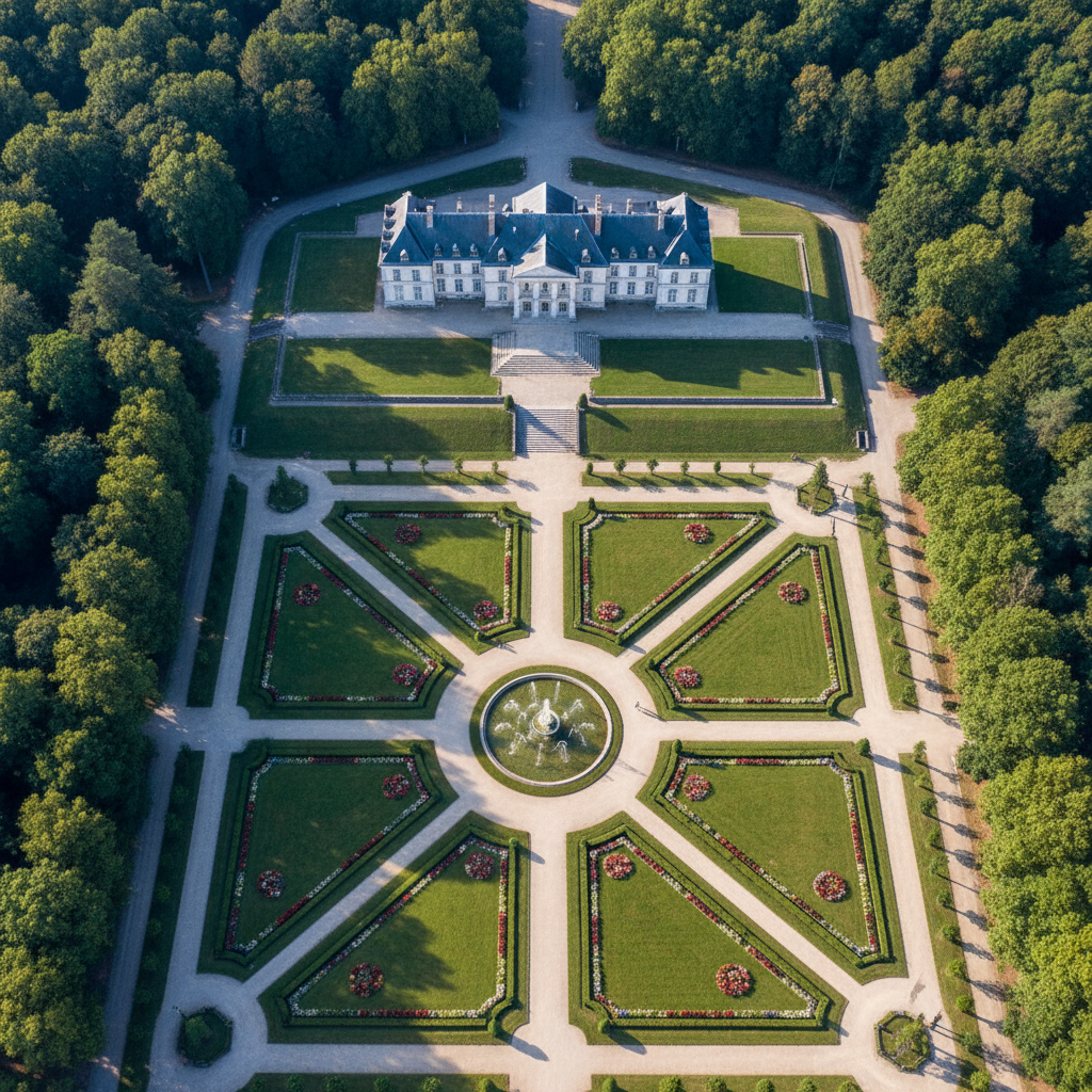 Vue aérienne d'un sentier en forêt parsemé de feuilles d'automne, lumière filtrée par les cimes des arbres créant des motifs dorés sur le sol, atmosphère contemplative et naturelle
