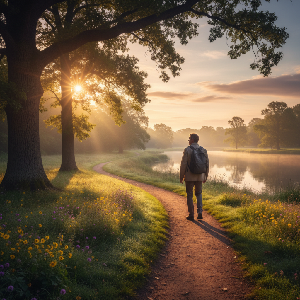 Un homme marchant dans un parc au lever du soleil, lumière chaude directionnelle sur les arbres et les sentiers, atmosphère sereine et contemplative