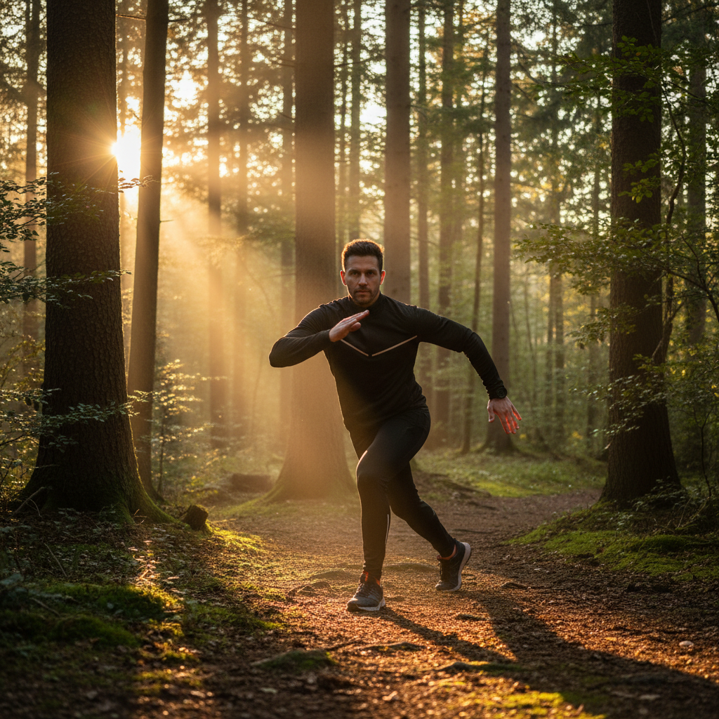 Homme pratiquant une activité physique en plein air dans un environnement naturel boisé, mouvement fluide, lumière dorée en fin de journée filtrant entre les arbres