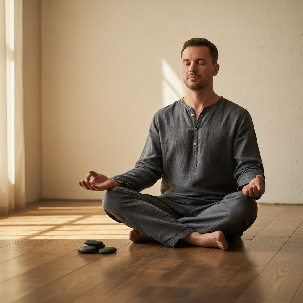 Homme assis en méditation dans un espace calme, lumière tamisée et chaude, texture de bois naturel au sol, posture concentrée et sereine