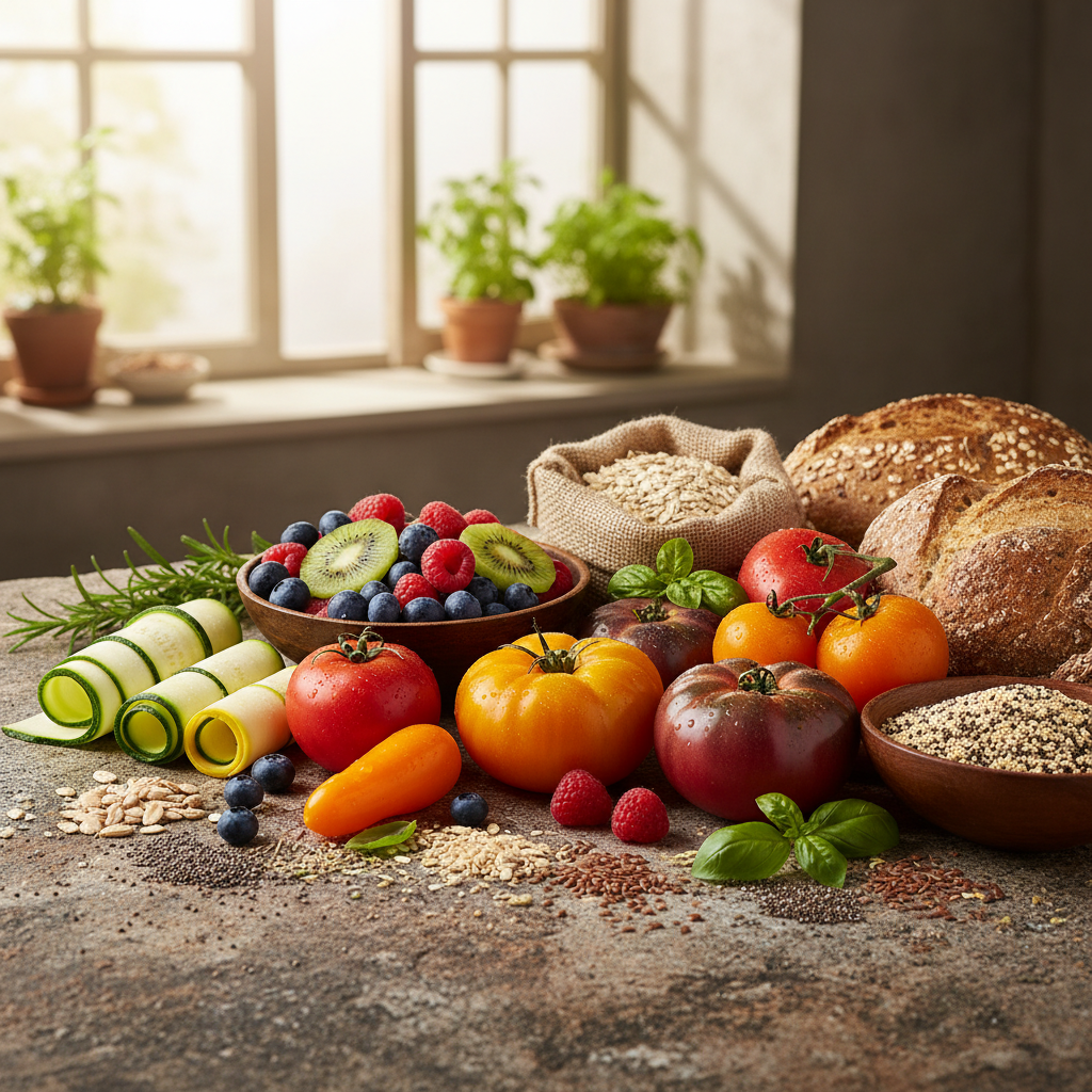 Composition de légumes frais et colorés, fruits et céréales sur une surface en pierre naturelle, éclairage naturel valorisant les textures et couleurs des aliments