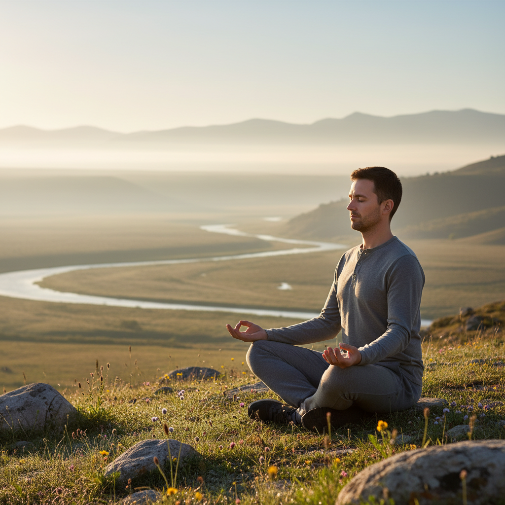 Homme pratiquant la méditation dans un espace naturel ouvert, posture assise stable, horizon dégagé, lumière matinale douce, environnement de sérénité et d'équilibre