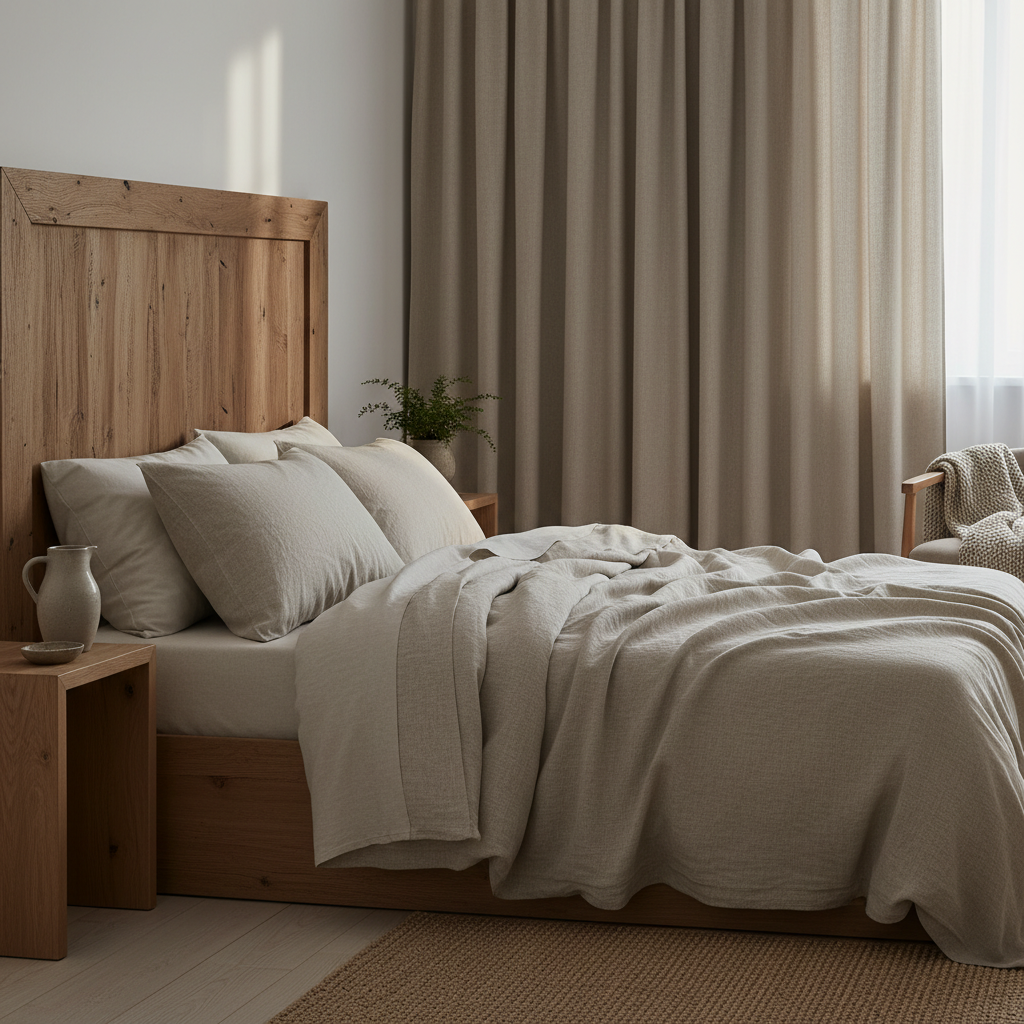 Environnement de repos calme avec une literie naturelle en lin beige, lumière de fin de soirée tamisée par de lourds rideaux, texture de bois et de tissu naturel, atmosphère de sérénité profonde